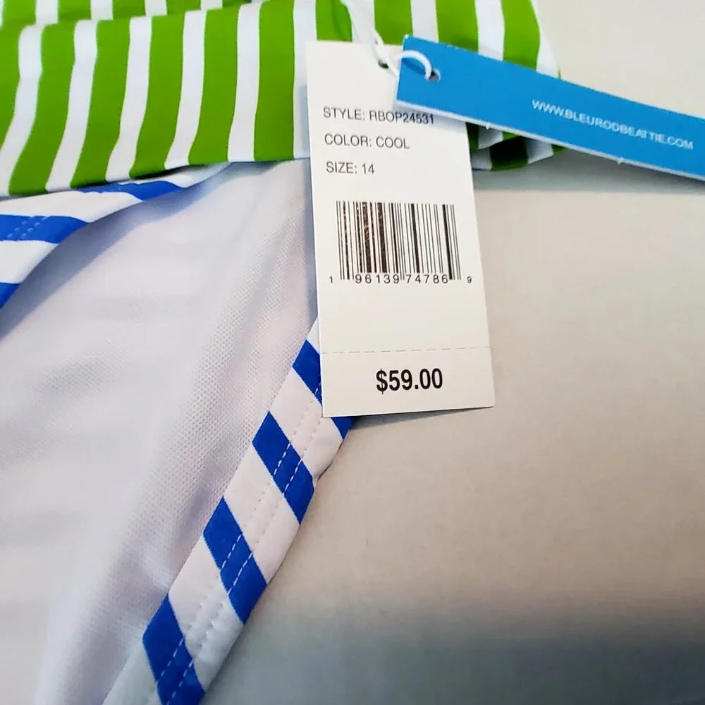 Bleu Rod Beattie Womens Striped Swim Bottoms 14 Green & Blue Foldover Waistband